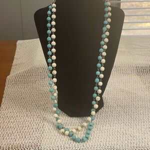Elegant Turquoise and White Beaded Necklace 24”, good condition